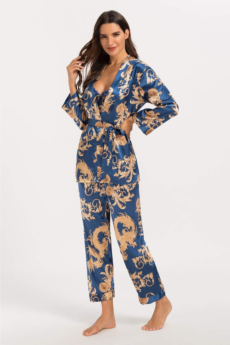 Escalier Women's Silk Satin Pajamas Set 3 Pcs Floral Silky Pj Sets Sleepwear Cami Nightwear with Robe and Pants Navy 2XL - Image 4